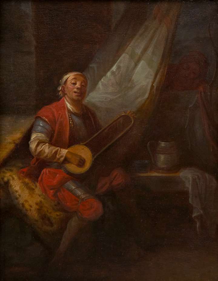 Musician in a Russian Costume Seated by a Bed